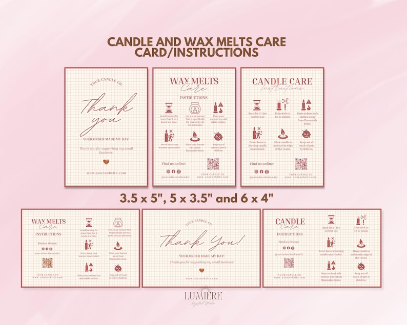May include: Three printable cards with instructions for candle and wax melt care. The cards are in a grid pattern with pink and white text. The text on the cards includes "Candle Care Instructions", "Wax Melts Care Instructions", and "Thank You".