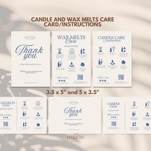 May include: A set of cream-colored cards with navy blue text and illustrations. The cards provide instructions for candle and wax melt care, with a "Thank You" card included. The dimensions are 3.5 x 5 inches and 5 x 3.5 inches.