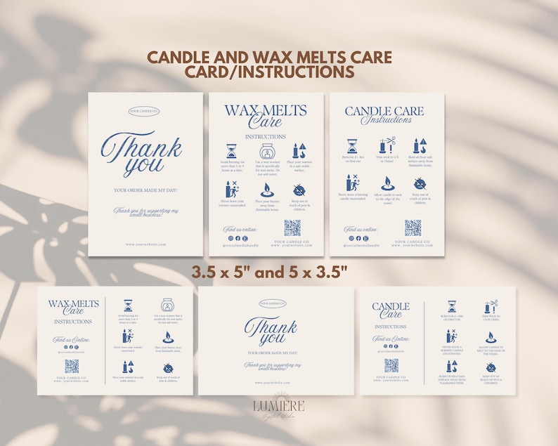 May include: A set of cream-colored cards with navy blue text and illustrations. The cards provide instructions for candle and wax melt care, with a "Thank You" card included. The dimensions are 3.5 x 5 inches and 5 x 3.5 inches.