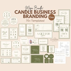 May include: A collection of 70+ customizable templates for candle business branding. The templates feature a green and white color scheme with a modern, minimalist design. The templates include labels, tags, thank you cards, price lists, and more.