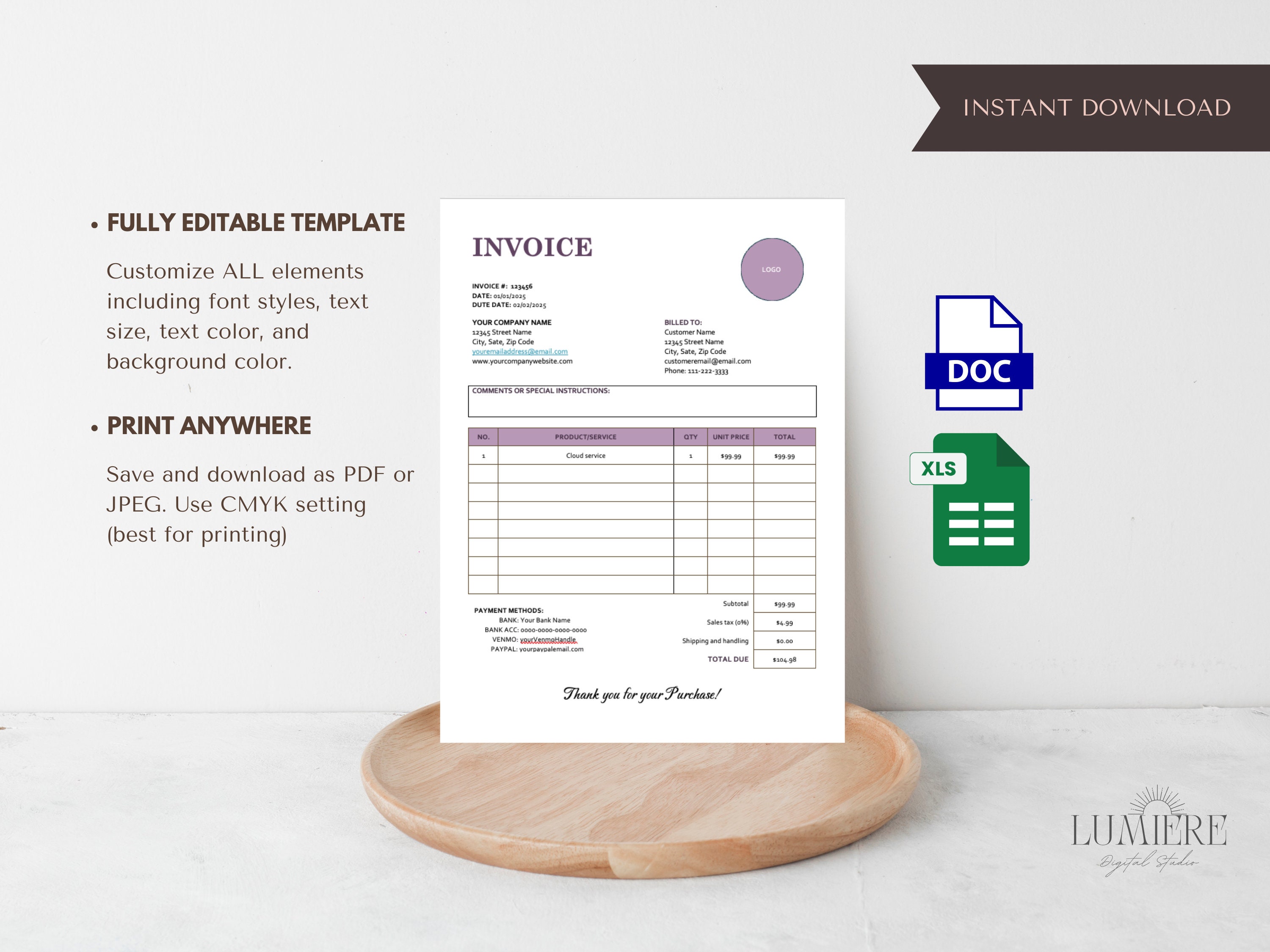 Editable Invoice Template Microsoft Word, Printable Bookkeeping ...