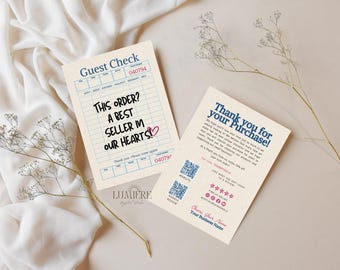 May include: Two beige cards with text and a floral sprig. One card reads "Guest Check" and "THIS ORDER? A BEST SELLER IN OUR HEARTS!" The other card says "Thank you for your Purchase!" with a QR code and social media icons.