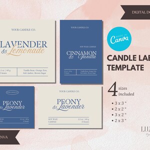 K&ouml;nnte beinhalten: Eine digitale Kerzenetikettenvorlage mit vier Designs. Die Etiketten zeigen Texte wie "Lavender & Lemonade" und "Cinnamon & Vanilla". Die Vorlage enth&auml;lt vier Gr&ouml;&szlig;en: 3x3", 2x2", 3x2" und 2x3".