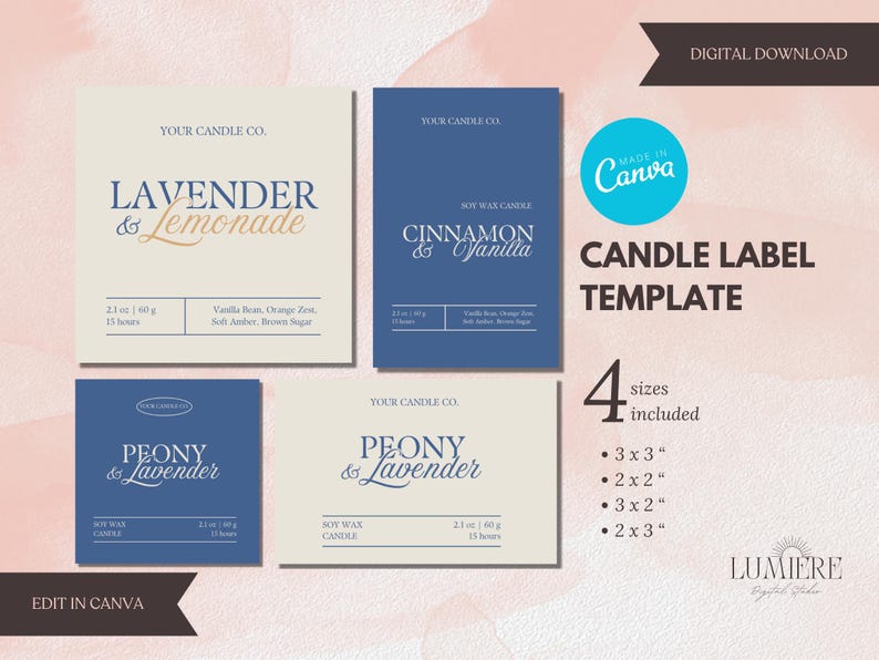 K&ouml;nnte beinhalten: Eine digitale Kerzenetikettenvorlage mit vier Designs. Die Etiketten zeigen Texte wie "Lavender & Lemonade" und "Cinnamon & Vanilla". Die Vorlage enth&auml;lt vier Gr&ouml;&szlig;en: 3x3", 2x2", 3x2" und 2x3".