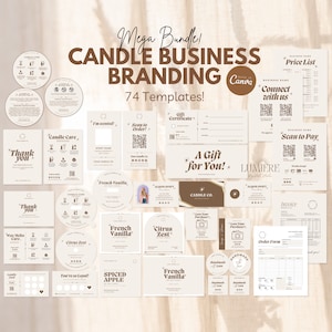 May include: A collection of 74 printable templates for candle business branding. The templates are in a minimalist style with brown and white colors. The templates include labels, tags, gift certificates, thank you cards, price lists, order forms, and invoices.