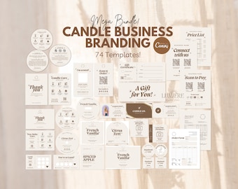 May include: A collection of 74 printable templates for candle business branding. The templates are in a minimalist style with brown and white colors. The templates include labels, tags, gift certificates, thank you cards, price lists, order forms, and invoices.