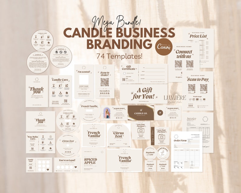 K&ouml;nnte beinhalten: Eine Sammlung von 74 druckbaren Vorlagen f&uuml;r das Branding von Kerzengesch&auml;ften. Die Vorlagen sind im minimalistischen Stil mit braunen und wei&szlig;en Farben gehalten. Die Vorlagen umfassen Etiketten, Anh&auml;nger, Geschenkgutscheine, Dankeskarten, Preislisten, Bestellformulare und Rechnungen.