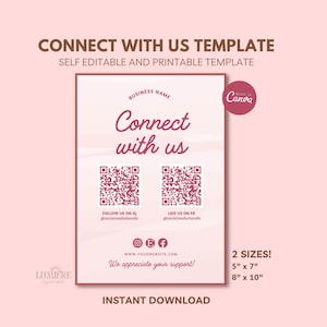 Può includere: Modello stampabile rosa e bianco con il testo "Connect with us" in un carattere elegante. Include codici QR per i social media e le informazioni sul sito web. Disponibile nei formati 12,7 cm x 17,8 cm e 20,3 cm x 25,4 cm.