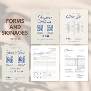 May include: A collection of business forms and signages, including a price list, invoice, and order form. The forms feature a neutral color palette with elegant typography. The image also includes "Connect with us" and "Scan to Pay" signage.