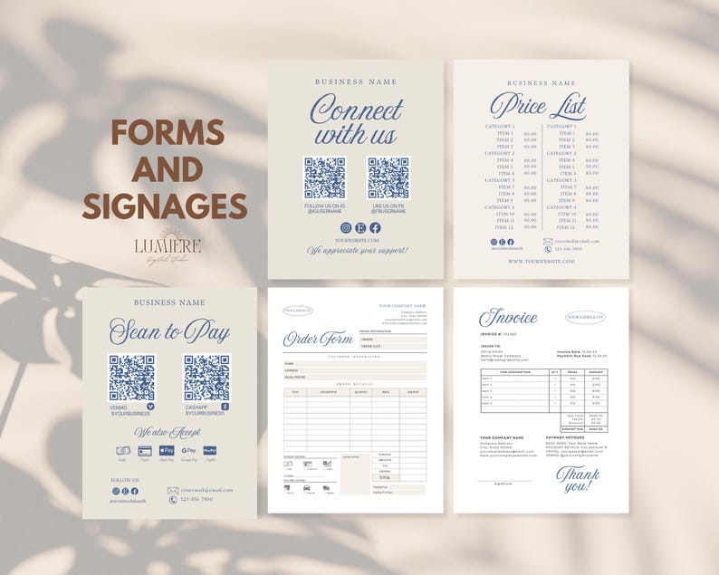 May include: A collection of business forms and signages, including a price list, invoice, and order form. The forms feature a neutral color palette with elegant typography. The image also includes "Connect with us" and "Scan to Pay" signage.