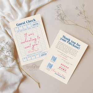 May include: Two cream-colored cards with text. One reads "Guest Check" with the text "It was enchanting to meet you!" in pink. The other says "Thank you for your Purchase!" with a QR code and social media icons.
