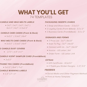May include: A pink and white graphic with the text "What You'll Get" and "74 Templates". The graphic lists various candle and wax melt labels, packaging inserts, sign forms, extras, and freebies with their sizes in inches.