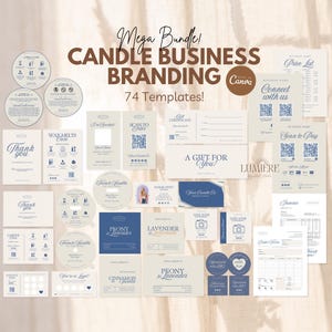 May include: A collection of candle business branding templates in beige and navy blue. The templates include business cards, thank you cards, price lists, and labels with text like "Mega Bundle," "Candle Business Branding," and "74 Templates!"