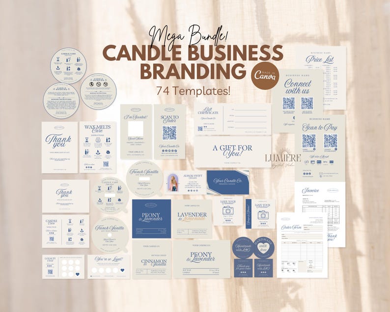 May include: A collection of candle business branding templates in beige and navy blue. The templates include business cards, thank you cards, price lists, and labels with text like "Mega Bundle," "Candle Business Branding," and "74 Templates!"