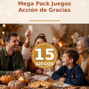 Op de afbeelding: Een digitale productflyer getiteld NEW 2026 Mega Pack Juegos Acción de Gracias met een centrale cirkelvormige afbeelding met het getal 15 en het woord JUEGOS, met de tekst MEGA PACK JUEGOS THANKSGIVING onderaan de afbeelding.