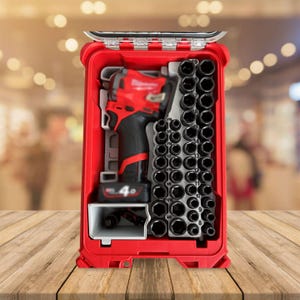 May include: A red tool case with a black and red impact driver and a variety of black sockets. The case has a clear lid and is labeled "4.0".