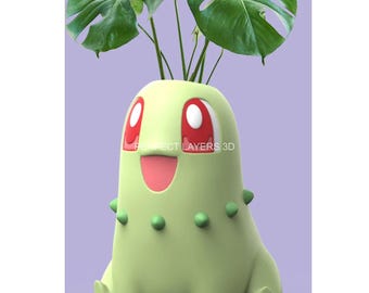 Chikorita Planter | Pokémon-Inspired 3D Printed Figurine | Cute Desk Decor | Succulent Planter