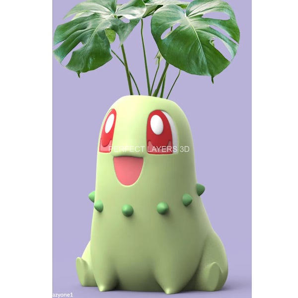 Maceta Chikorita / Figura impresa en 3D inspirada en Pokémon / Bonita decoración de escritorio / Maceta con suculentas