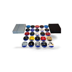 May include: A collection of video game discs with various game titles, arranged with a light gray game console on the left and a black console on the right. The discs are in a variety of colors and designs.
