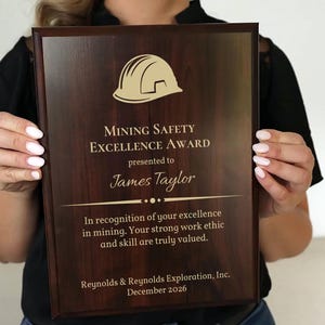May include: A wooden plaque with the text "MINING SAFETY EXCELLENCE AWARD" and a hard hat graphic. The award is presented to James Taylor and recognizes excellence in mining. The plaque is held by a person.