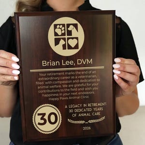 Veterinarian Retirement Gift | Retiring Vet Plaque Award | Personalized for a Retired DVM Animal Doctor or Veterinary Professional