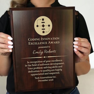 May include: A wooden plaque with the text "Coding Innovation Excellence Award" presented to "Emily Roberts." The plaque includes a graphic and text recognizing excellence in software development, problem-solving skills, and dedication to quality. The award is from Tech Innovations Inc., December 2026.
