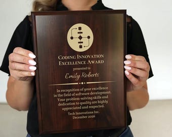May include: A wooden plaque with the text "Coding Innovation Excellence Award" presented to "Emily Roberts." The plaque includes a graphic and text recognizing excellence in software development, problem-solving skills, and dedication to quality. The award is from Tech Innovations Inc., December 2026.