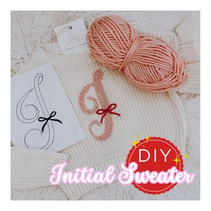 Kit de suéter con iniciales para hacer tú mismo con pegamento y puntada, suéter bordado con lazo coqueto, patrón de nombre para bebé y niño pequeño, diseño lavable y adhesivo