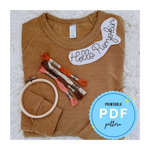 PDF Hello Pumpkin Stick and Stitch Aangepaste borduursticker herfsthals Gebogen kraag DIY borduurwerk Digitaal patroon Naam borduurpakket