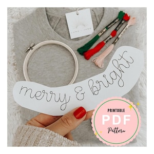 PDF Merry and Bright Christmas Stick and Stitch Custom Neck Embroidery Sticker Curved Collar DIY Embroidered Digital Pattern  Embroidery Kit