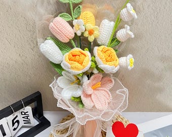 Handmade Crochet Flower Bouquet,Rose,Sunflower,Tulip,Lily of the vally,Crochet Tulips Pink,Wedding Flowers,Gifts For Her,Mother's Day gift