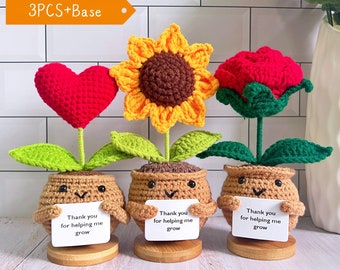 Niedliche gehäkelte Sonnenblumen / Herzen / Rosenpflanzen, gehäkelte Blumen, danke, dass Sie mir beim Wachsen geholfen haben, Geschenk zur emotionalen Unterstützung, Dankesgeschenk, Lehrergeschenke