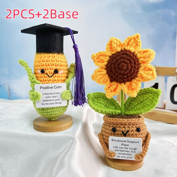 bambola lavorata a maglia, bouquet di girasoli artificiali, piccole decorazioni da scrivania in vaso, graziosi girasoli all'uncinetto, per bambini e adulti