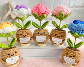 May include: Six crocheted flower pot plants with smiling faces and a message on each pot that reads "Emotional Support Plant Life can be tough sometimes, but remember so are you!"