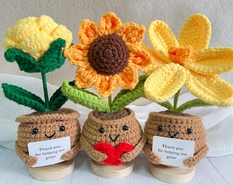 Handmade Crochet Sunflower/Rose/Tulip Plant,Crochet Flower,Knitted Flowers Pot,Emotional Plant Crochet,Teacher Gift,Knitted Mothers Day Gift