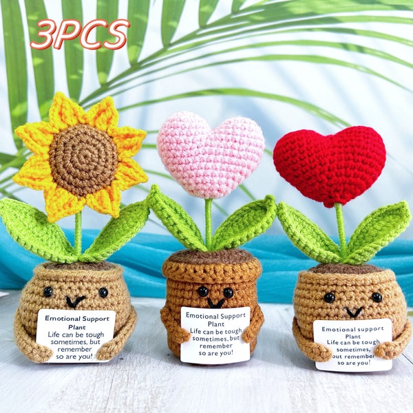 Plantes en pot et coeur de tournesol au crochet, Plantes en pot en forme, Plantes de soutien émotionnel, Cadeaux pour des amis, Cadeaux pour elle, Cadeaux d'encouragement