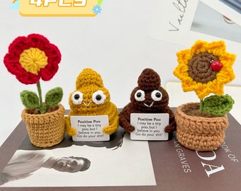 Crochet Positive Poo With Crochet Rose/Sunflower Plant  Pot-Cute Desk Accessories-Mental Health Gift-April Fools Gag Gift,Unique Funny Gift
