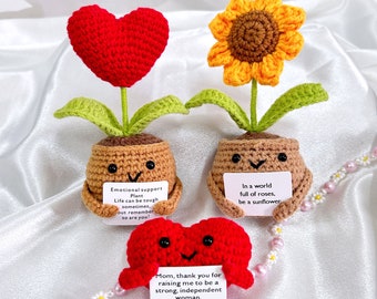 Cadeau de remise des diplômes, Cadeaux faits main, Tournesols et plantes en pot en forme de coeur au crochet faits main, Plantes de soutien émotionnel, Fleurs au crochet