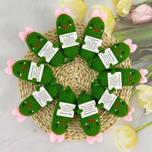 May include: A collection of ten crocheted pickle toys with different expressions and messages. Each pickle is holding a small card with a positive message, such as "Emotional Support Pickle" and "Positive Pickle". The pickles are arranged in a circle on a woven basket.