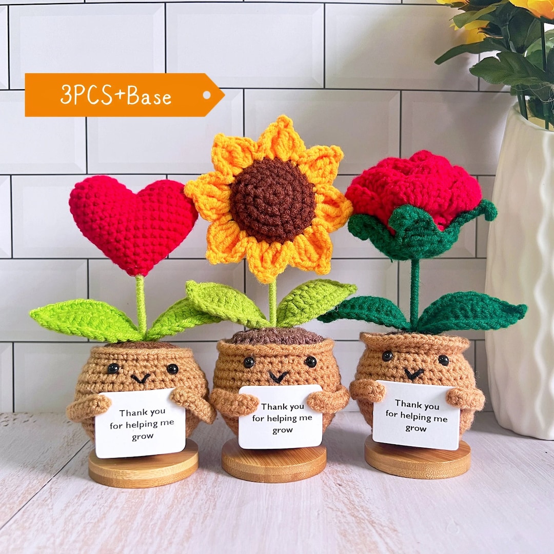 Handmade Crochet Sunflower In A Pot — Emotional Support Gift With Thank You Card For Teachers, Friends, Coworkers