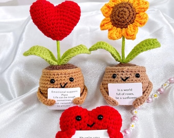 Handmade crochet sunflower/heart-shaped potted plants,Emotional support plants,Crochet flowers, Teacher gifts,Desk decor,Gifts For Mom