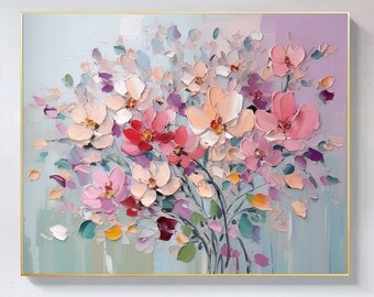 Original Colorful Flower Oil Painting on Canvas,Large Wall Art Abstract Minimalist Floral Wall Art Custom Painting Modern Bedroom Home Decor