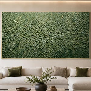 Olieverfschilderij met groene bladstructuur, botanische impasto op canvas, abstracte wanddecoratie in saliegroen