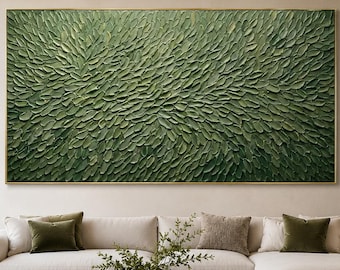 Olieverfschilderij met groene bladstructuur, botanische impasto op canvas, abstracte wanddecoratie in saliegroen