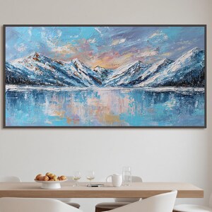 Original Textured Snow Mountain Oil Painting, Abstract Winter Scenery Artwork, Impasto Lake Landscape Reflection Wall Art, Living Room Decor