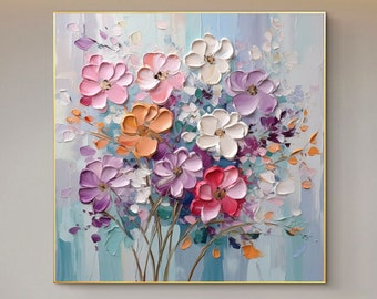 Pintura al óleo de flores coloridas originales sobre lienzo, arte de pared grande Arte abstracto de la pared floral Arte minimalista Pintura personalizada Decoración de la sala de estar