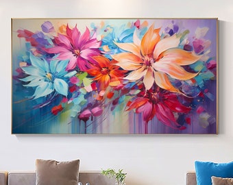 Pittura a olio astratta di fiori colorati su tela, grande arte da parete, arte da parete floreale originale, arte floreale minimalista, decorazione da parete con fiori, regalo per lei