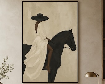Dipinto ad olio raffigurante una cavallerizza nera, donna equestre su tela, decorazione murale western neutra