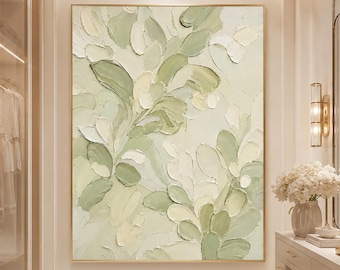 Dipinto ad olio botanico con texture, tela con foglie di salvia, decorazione murale neutra