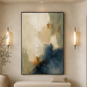 Pintura al óleo abstracta en tonos neutros, lienzo texturizado azul salvia, arte mural minimalista moderno.